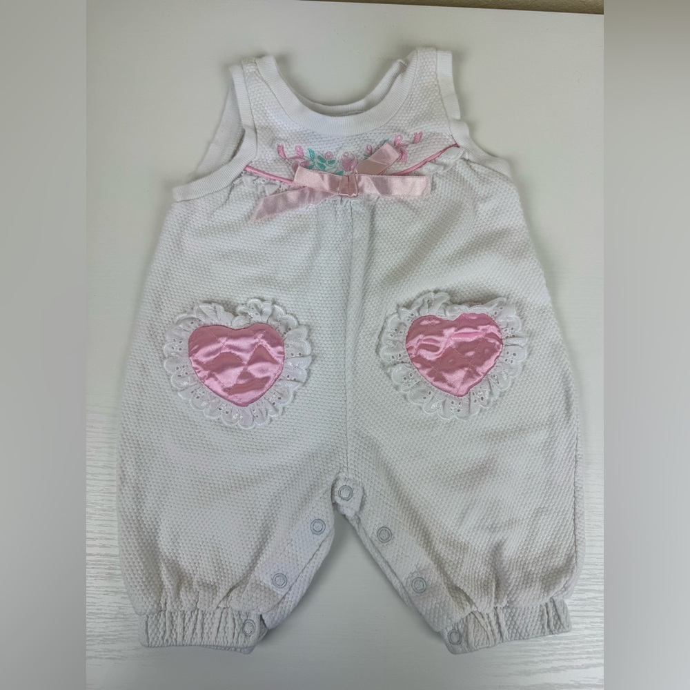 Vintage Baby Girl Romper Pink Hearts Lace Cottagecore Bubble One Piece 3-6M